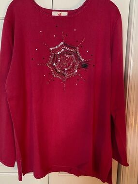 Quacker Factory HOT PINK Sequin Spiderweb Crewneck Sweater LG.